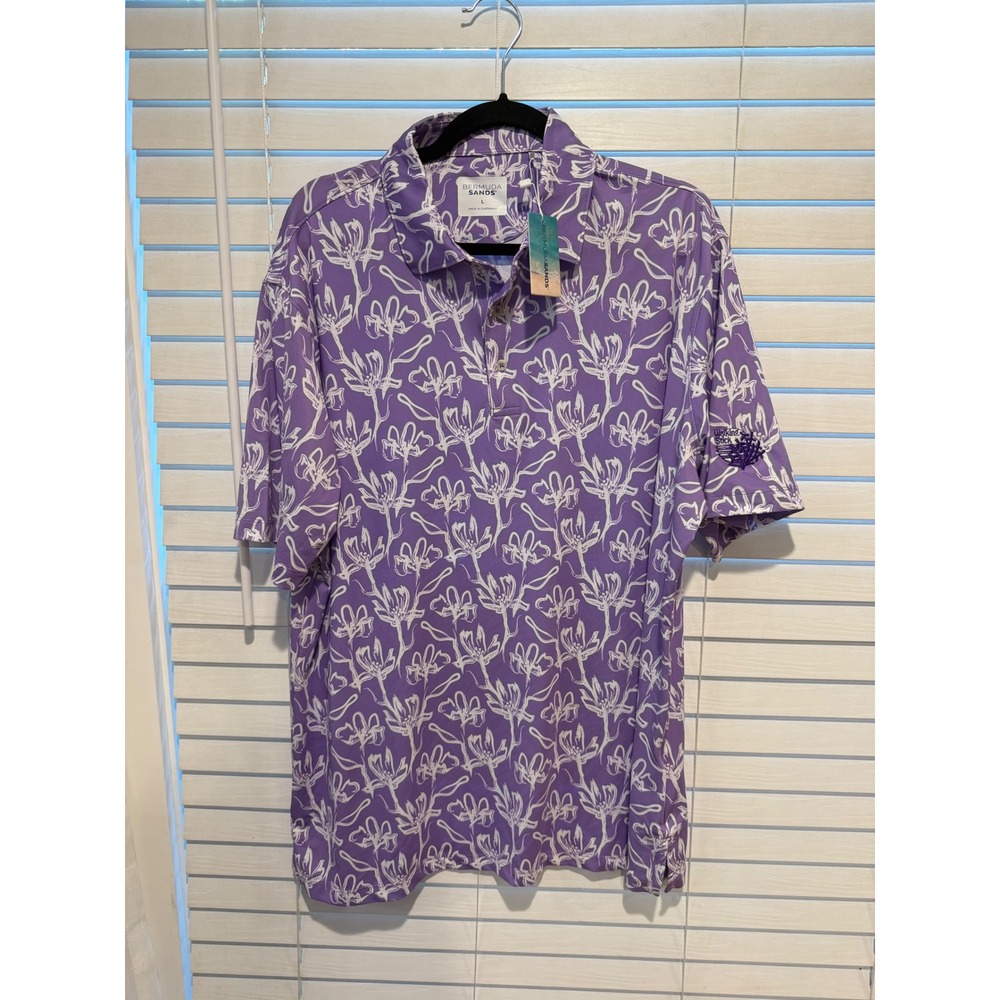 Bermuda Sands Purple Floral Performance Golf Polo Shirt Large New Walking Stick